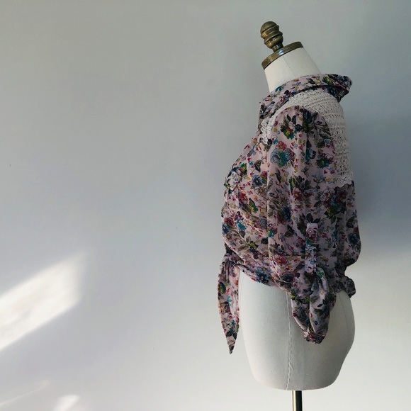 Blouse Sheer Pink Floral AMERICAN RAG Roll Up Sleeves Large - Picture 8 of 9